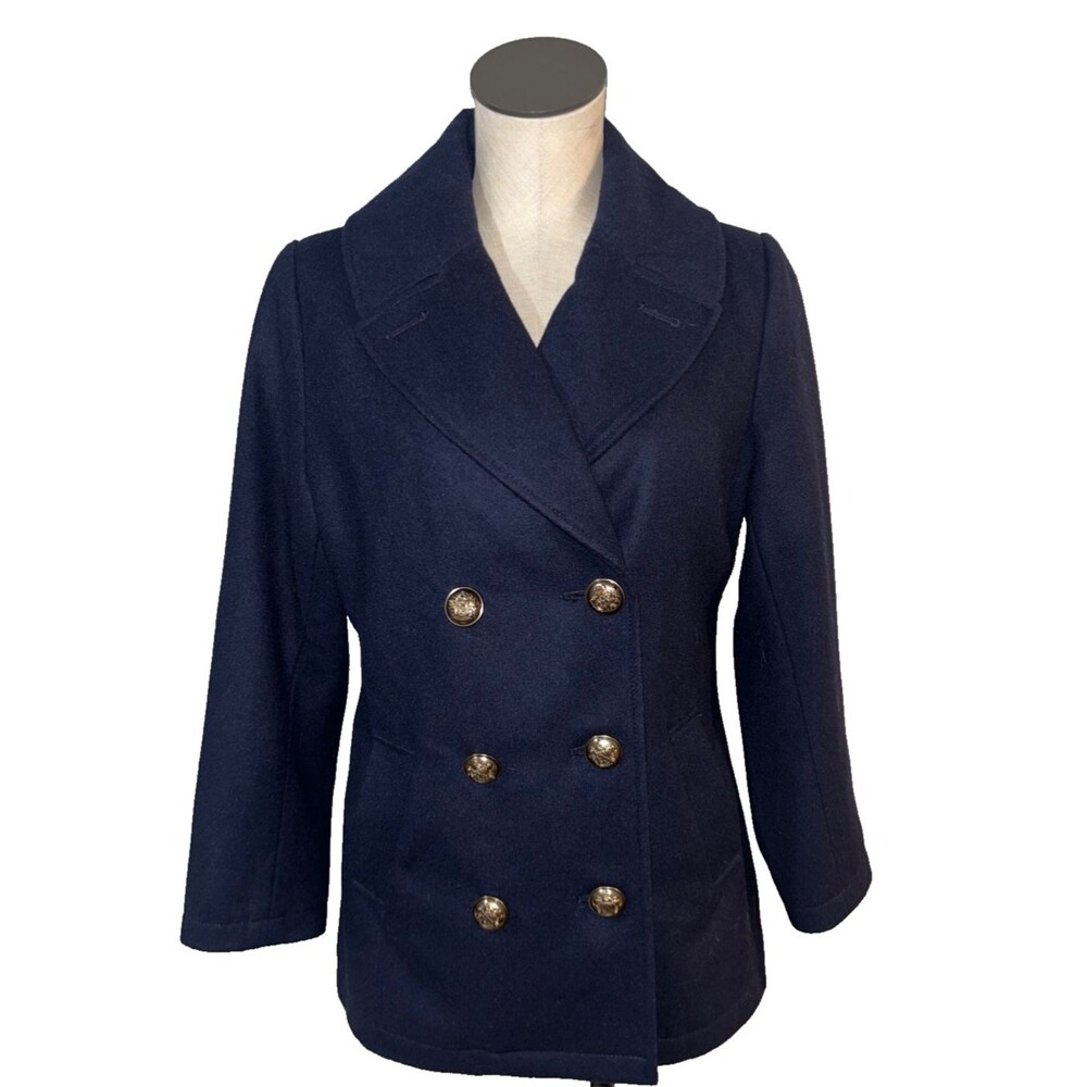 Merona Women's Vintage Wool Pea Coat size M Navy Gold Buttons Preppy Old Money